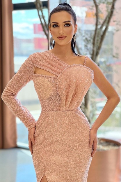Long Sleeves Mermaid One Shoulder Sequined Formal Prom Dresses with Slit