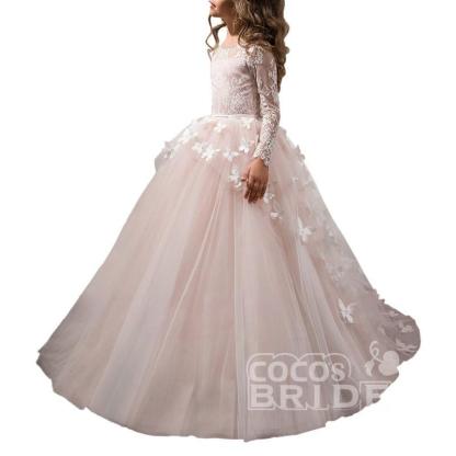 White Scoop Neck Long Sleeves Ball Gown Flower Girls Dress