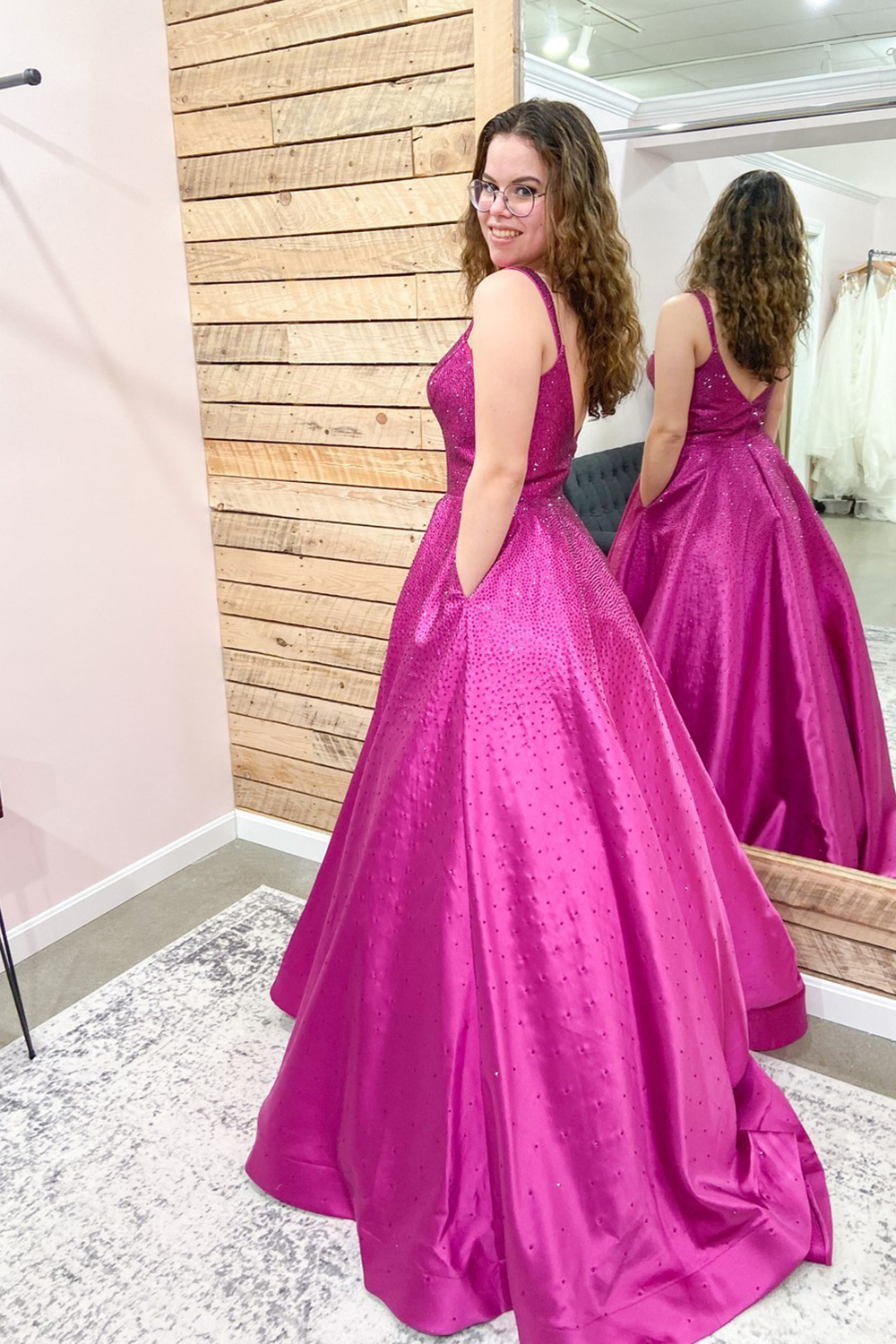 Gorgeous Sequins Spaghetti Straps Backless A-line Floor-length Prom Dress With Pockets