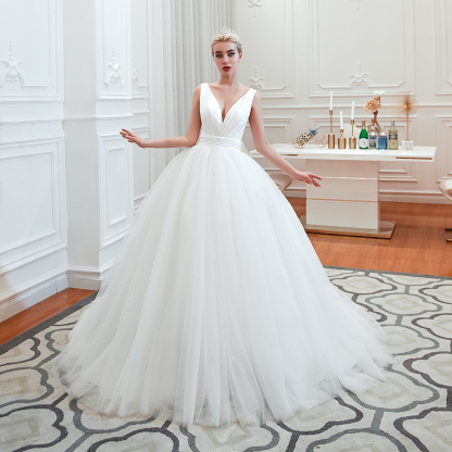 Long A-Line Tulle Wide Straps Deep V-neck Floor-length Wedding Dress