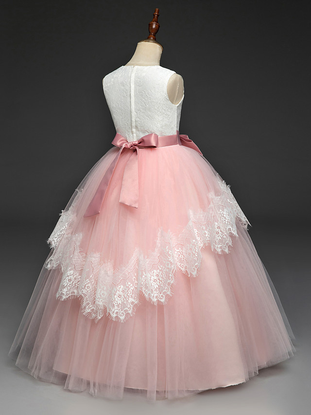 Long A-line Tulle Lace Sleeveless Flower Girl Dresses with Bow