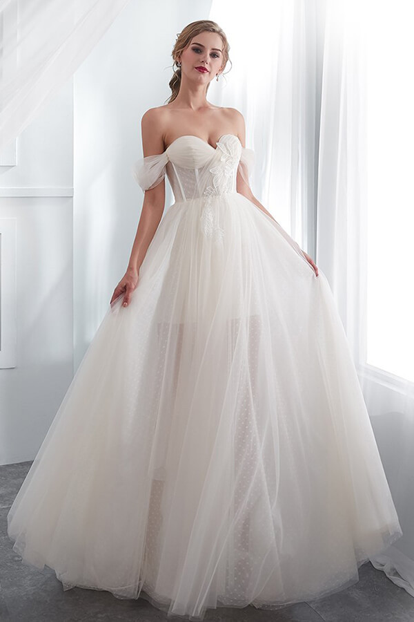 Long Sweetheart Lace-up Tulle Off the Shoulder A-line Wedding Dress