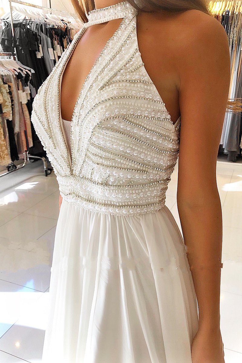 Vintage Halter Beading Keyhole Backless A-Line Prom Dress With Side Slit