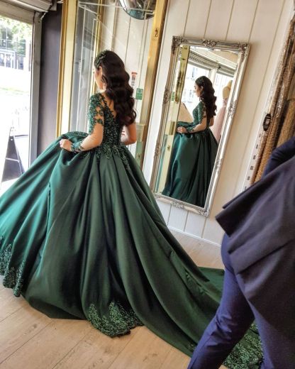 Elegant Long Ball Gown Sweetheart Satin Lace Prom dresses with Sleeves