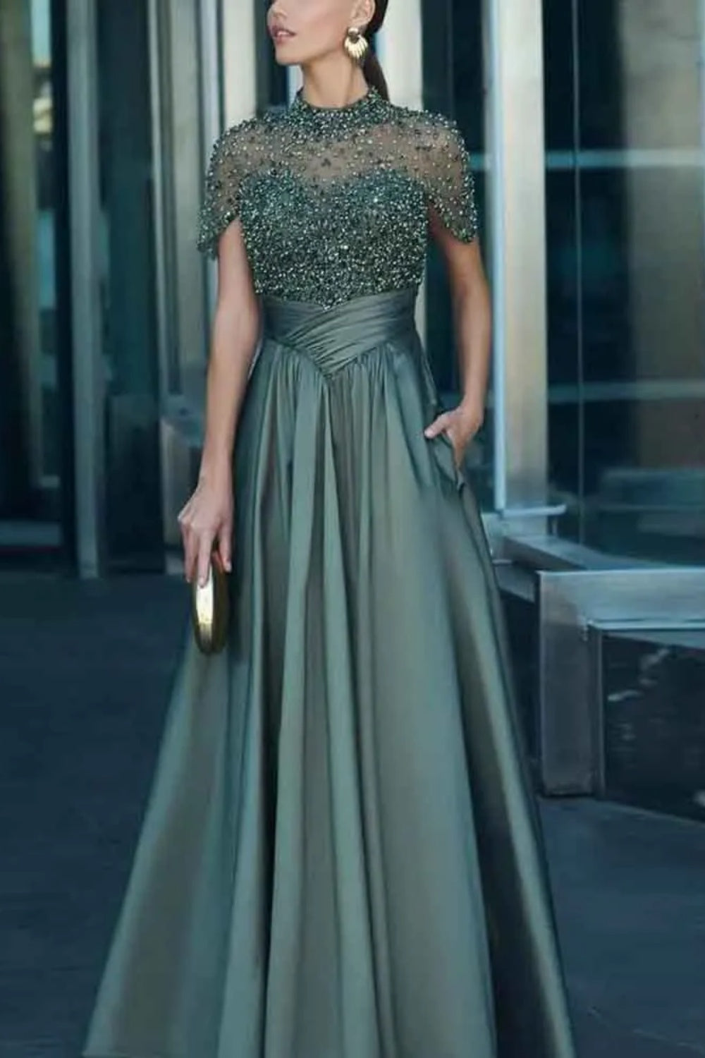Cocosbride Elegant Long Illusion Neck A-line Prom Dress with Pockets
