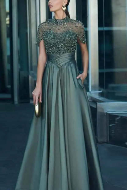 Cocosbride Elegant Long Illusion Neck A-line Prom Dress with Pockets