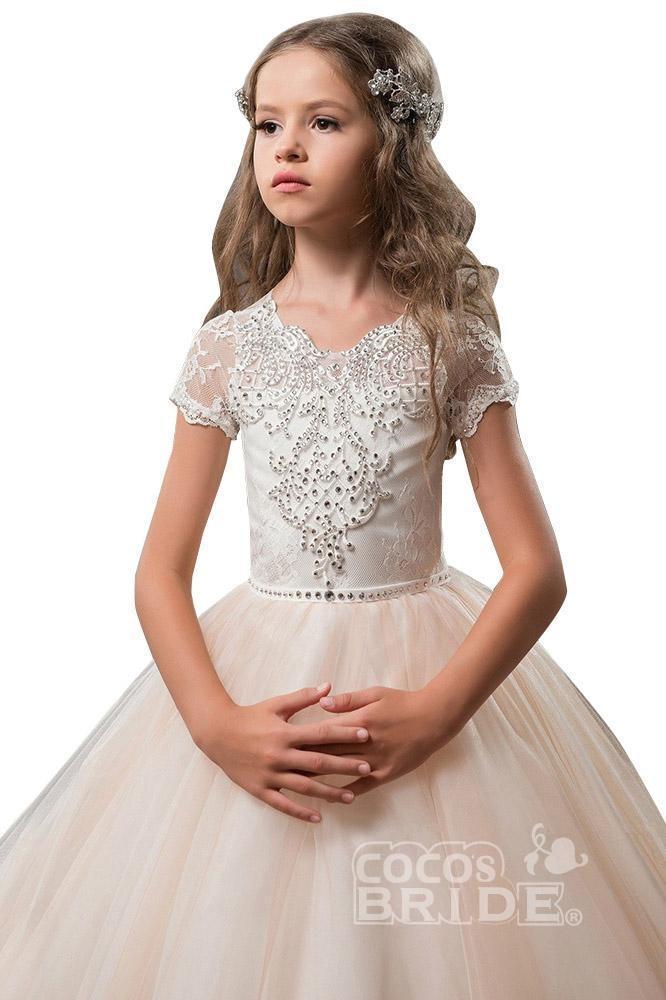 Light Pink Scoop Neck Short Sleeve Ball Gown Flower Girls Dress
