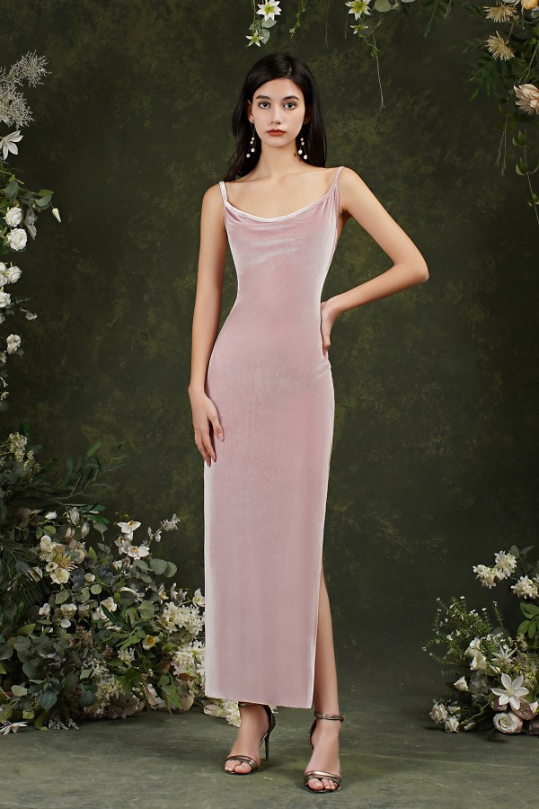 Cute Long Mermaid Straps Velvet Backless Formal Prom Dresses with Slit