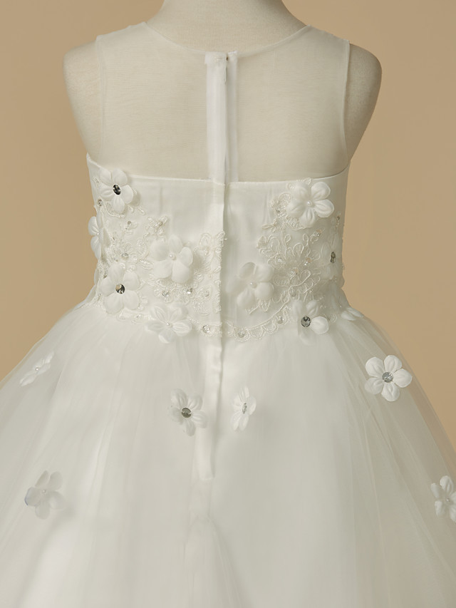 A-Line Floor Length Wedding / First Communion Flower Girl Dresses - Satin / Tulle Sleeveless Jewel Neck With Beading / Flower