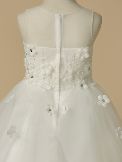A-Line Floor Length Wedding / First Communion Flower Girl Dresses - Satin / Tulle Sleeveless Jewel Neck With Beading / Flower
