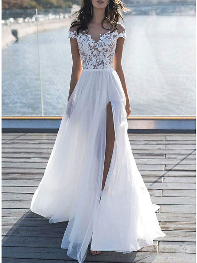 A-Line Wedding Dresses Off Shoulder Sweep \ Brush Train Lace Short Sleeve Beach Boho See-Through Illusion Detail