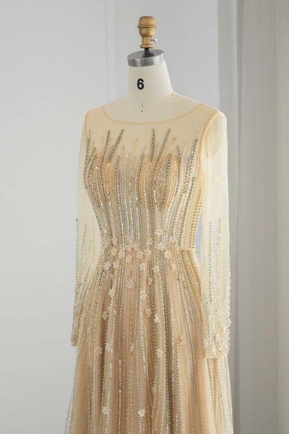 Amazing Long A-line Jewel Sequins Tulle Formal Prom Dresses with Sleeves