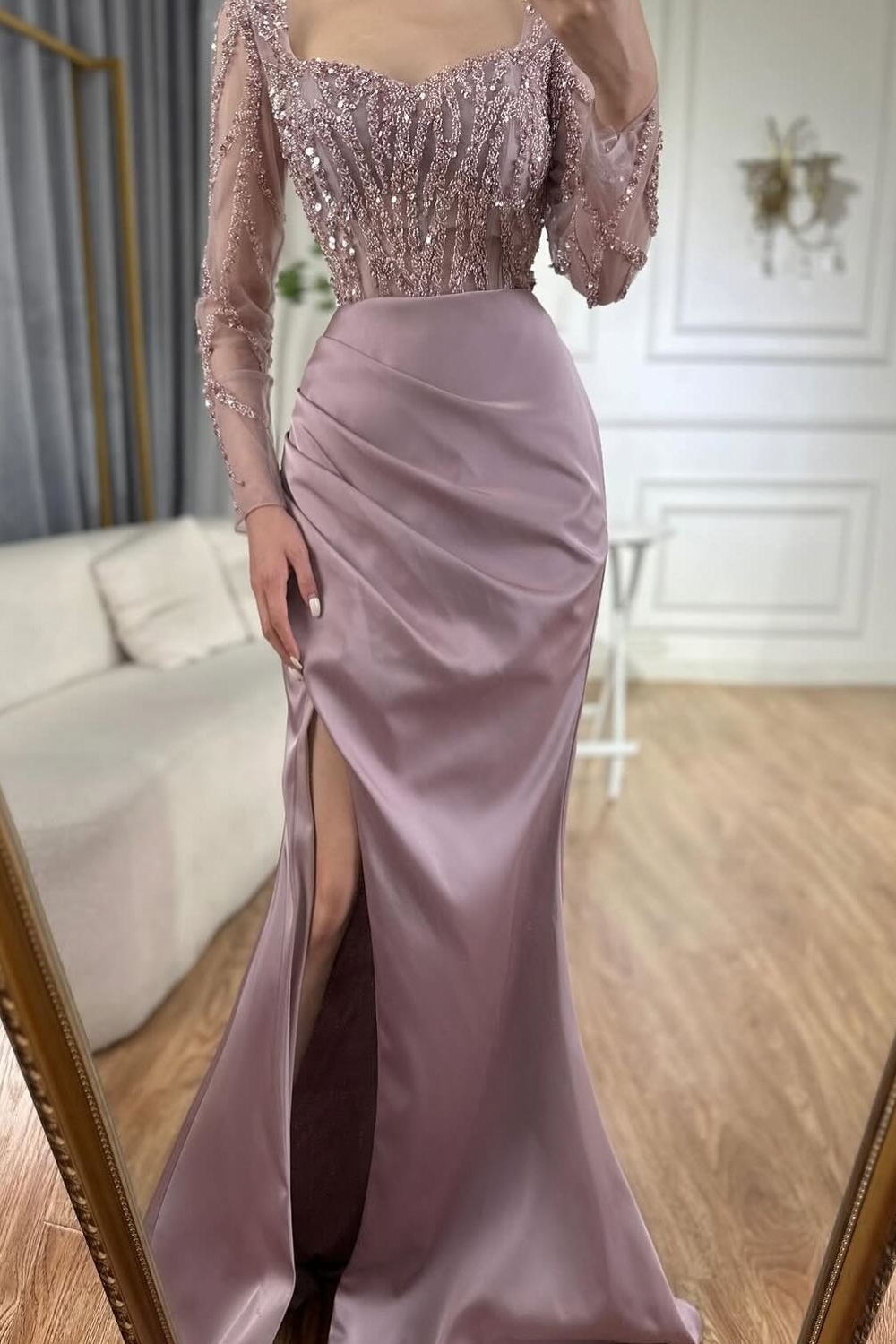 Long Sleeve Pink Sequined Mermaid Slit Prom Dress Detachable Tulle