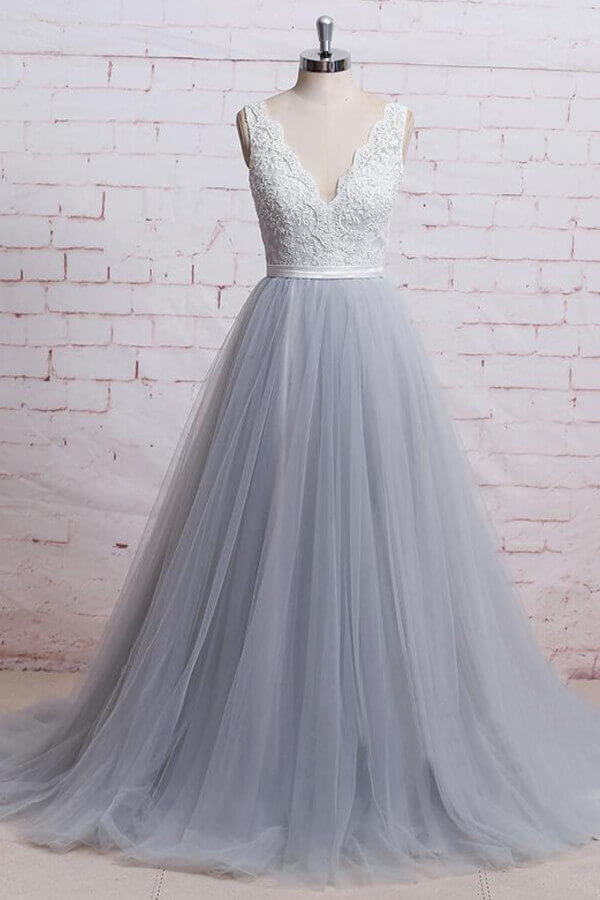 Elegant Long V-neck Lace Tulle A-line Wedding Dress