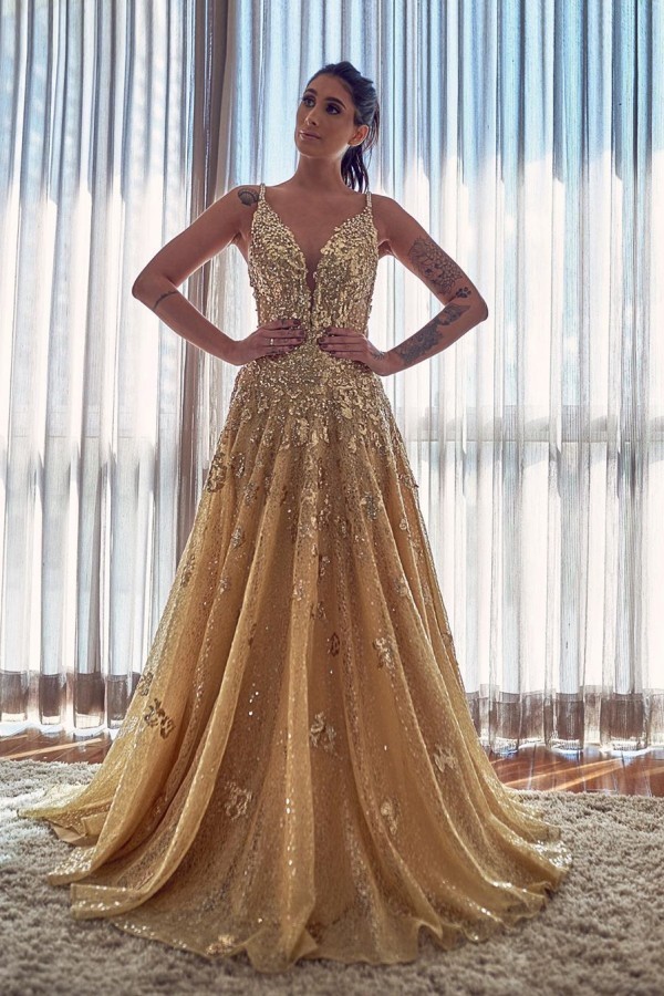 Elegant A-line Spaghetti Straps Deep V-neck Appliques Lace Sequins Ruffles Prom Dress