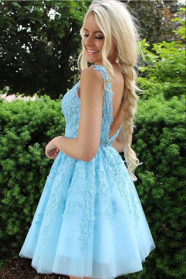 Petite V-neck A-line Appliques Lace Backless Tulle Ruffles Short Prom Dress