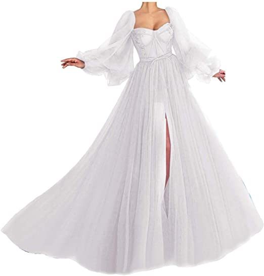Awesome Long Sleeves A-line Sweetheart Tulle Prom Dress with Slit