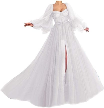 Awesome Long Sleeves A-line Sweetheart Tulle Prom Dress with Slit