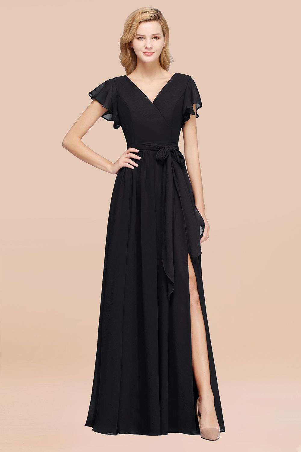 elegant A-line Chiffon V-Neck Short-Sleeves Floor-Length Bridesmaid Dresses with Bow Sash