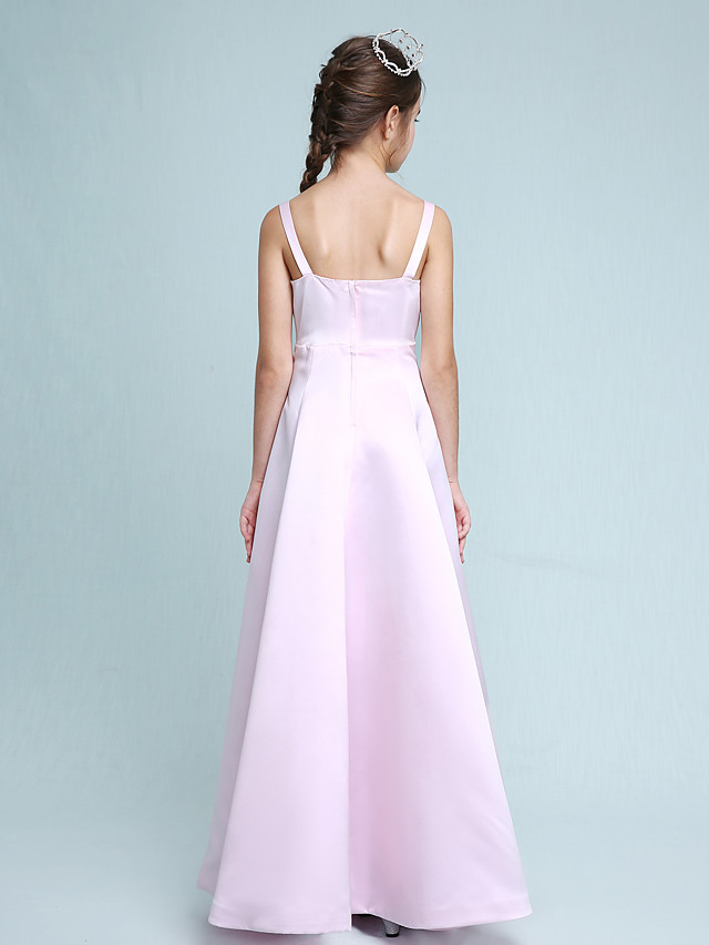 Princess / A-Line Spaghetti Strap Floor Length Stretch Satin Junior Bridesmaid Dress With Bow(S) / Beading / Empire / Spring / Summer / Fall / Winter