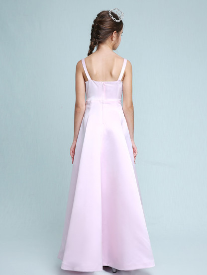Princess / A-Line Spaghetti Strap Floor Length Stretch Satin Junior Bridesmaid Dress With Bow(S) / Beading / Empire / Spring / Summer / Fall / Winter