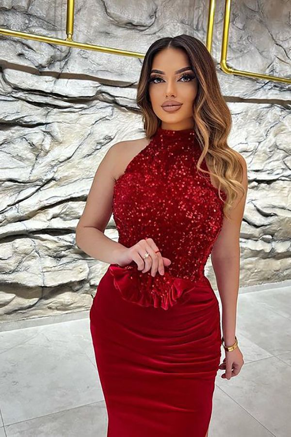 Long Mermaid Halter Sequined Velvet Red Formal Evening Dresses with Slit