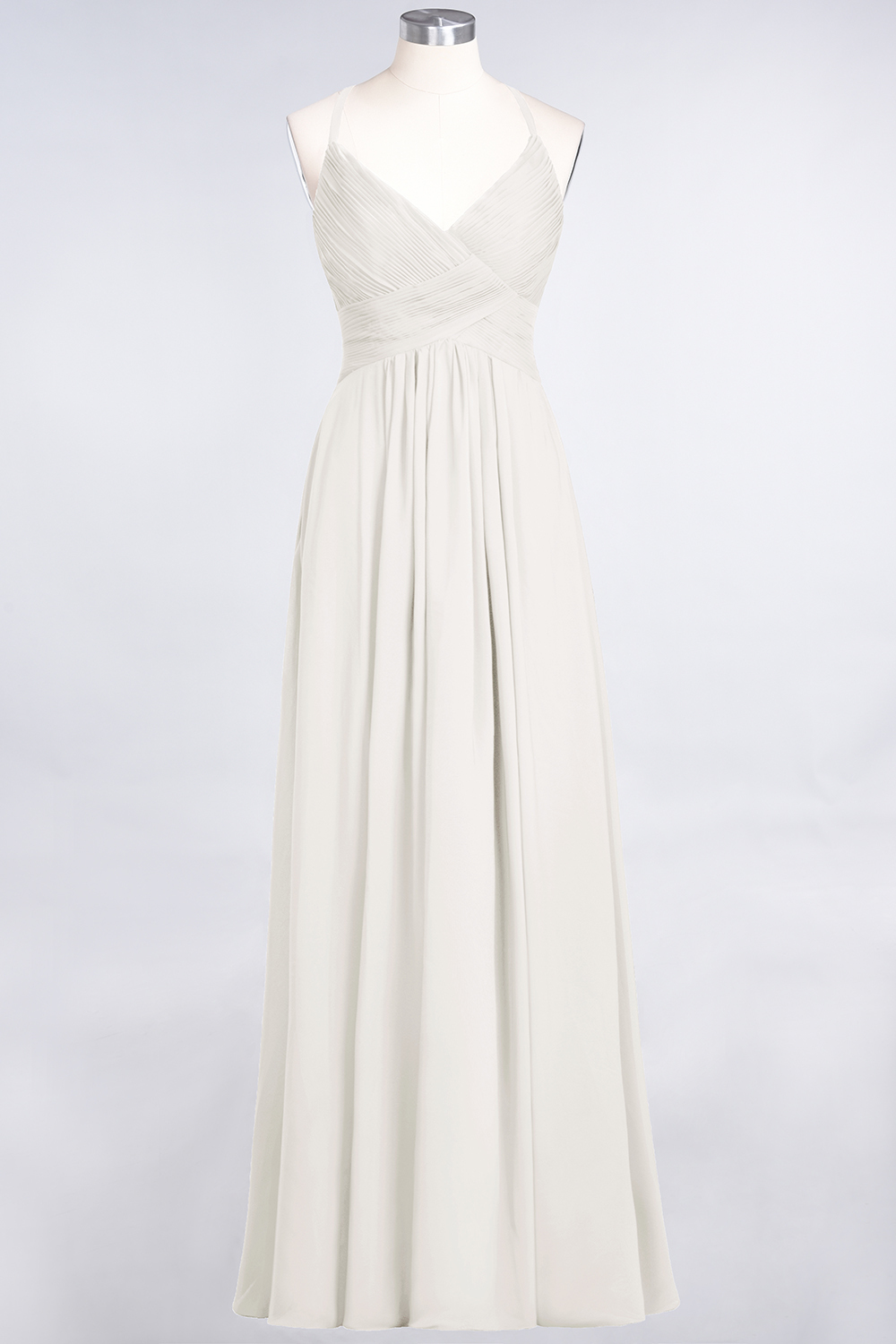 A-Line Chiffon Spaghetti-Straps V-Neck Sleeveless Floor-Length Bridesmaid Dress with Ruffles
