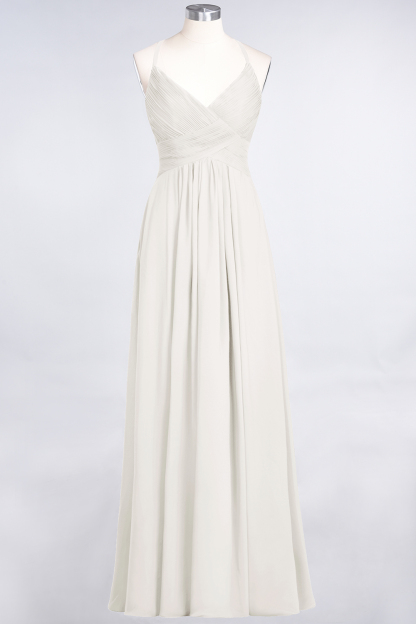 A-Line Chiffon Spaghetti-Straps V-Neck Sleeveless Floor-Length Bridesmaid Dress with Ruffles