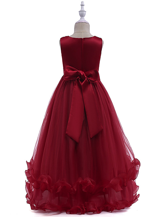 Burgundy Long A-line Tulle Sleeveless Jewel Neck Flower Girl Dresses