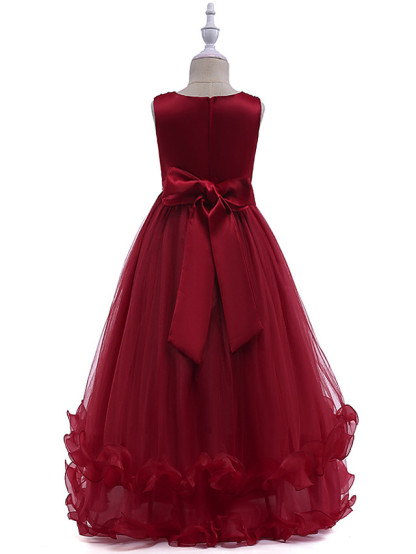 Burgundy Long A-line Tulle Sleeveless Jewel Neck Flower Girl Dresses