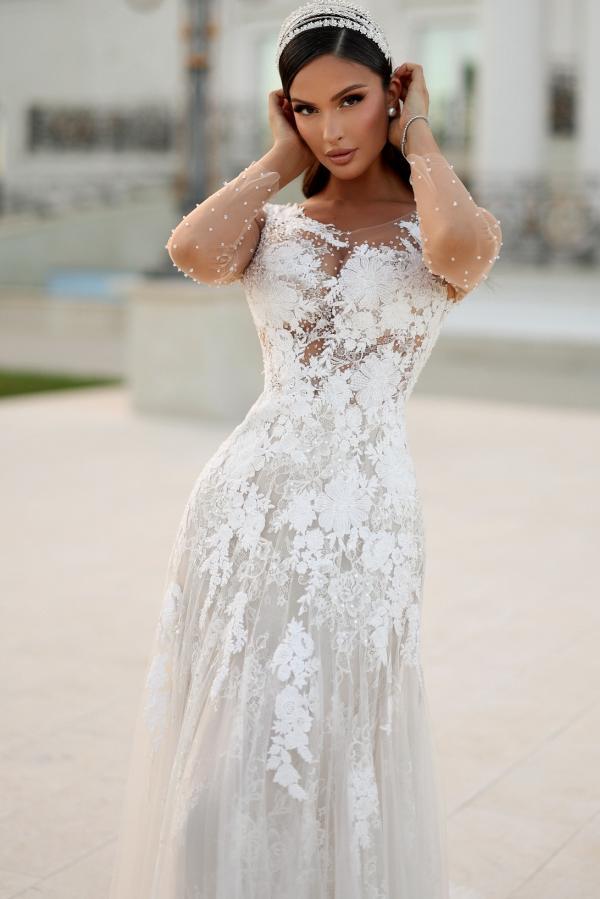 Long Sleeve Tulle Appliques Lace Floor Length Wedding Dress with Beads