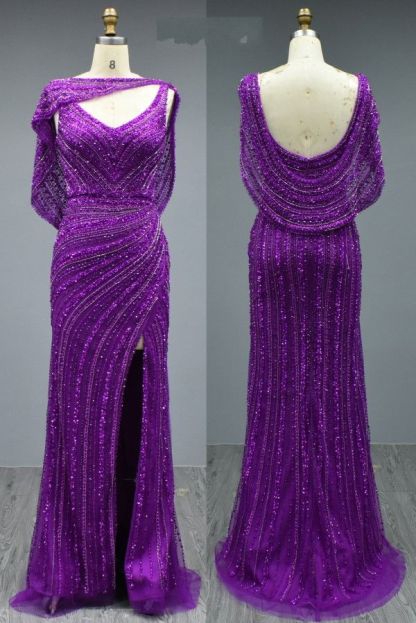 Elegant Long Mermaid V-neck Glitter Formal Prom Dresses with Slit