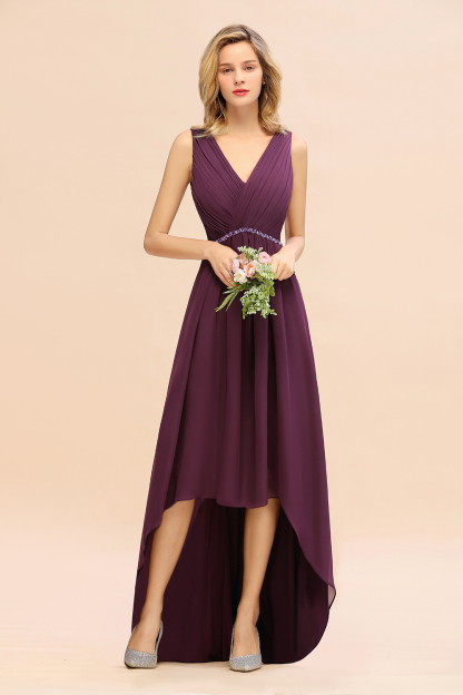 Stylish Deep V-neck Backless High Low A-Line Bridesmaid Dress With Beading Sash