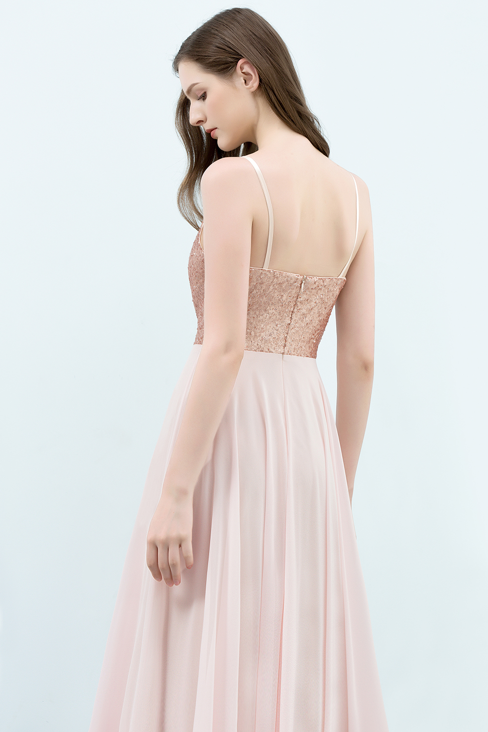 A-line Chiffon Sequined Spaghetti Straps Sleeveless Floor-Length Bridesmaid Dress