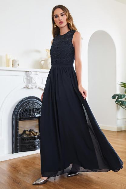 A-line Chiffon Crew Neck Floor Length Formal Dress Long Wedding Guest Dress