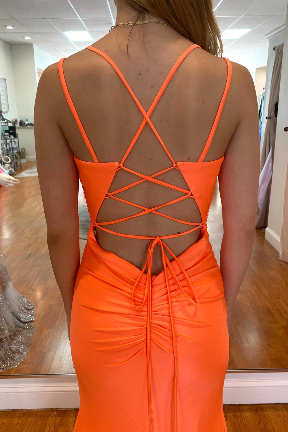 Attractive Orange Spaghetti Straps Backless Mermaid Prom Dress With Split