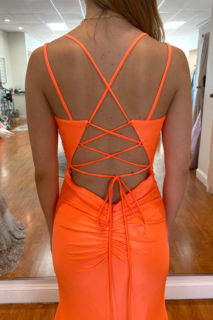Attractive Orange Spaghetti Straps Backless Mermaid Prom Dress With Split