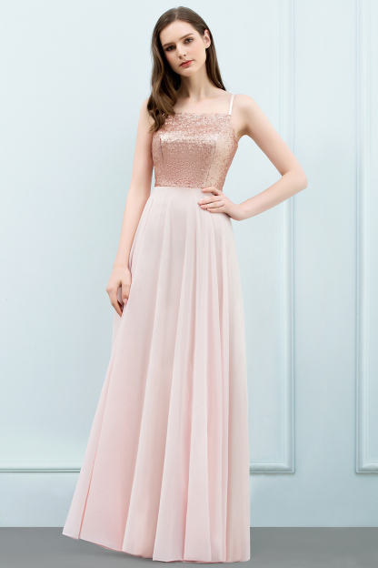 A-line Chiffon Sequined Spaghetti Straps Sleeveless Floor-Length Bridesmaid Dress