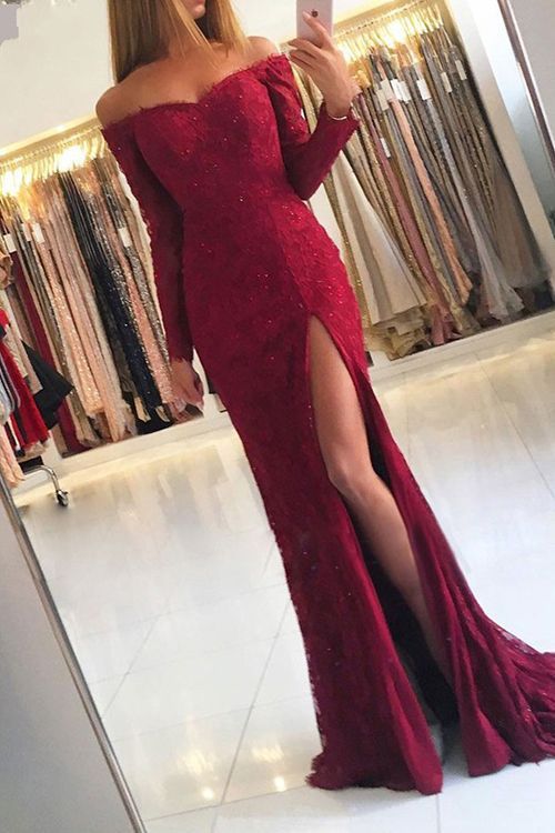 Off-the-shoulder Long Sleeves Lace Mermaid Floor-length Prom Dress With Side Slit