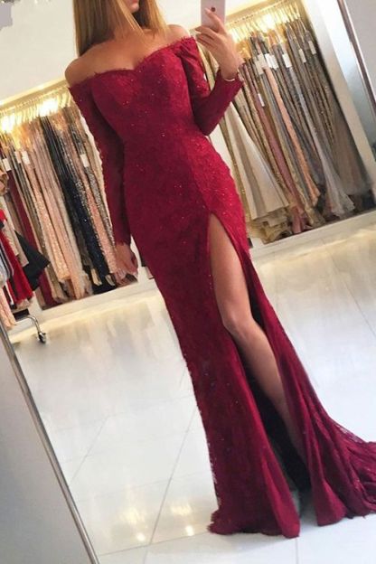 Off-the-shoulder Long Sleeves Lace Mermaid Floor-length Prom Dress With Side Slit