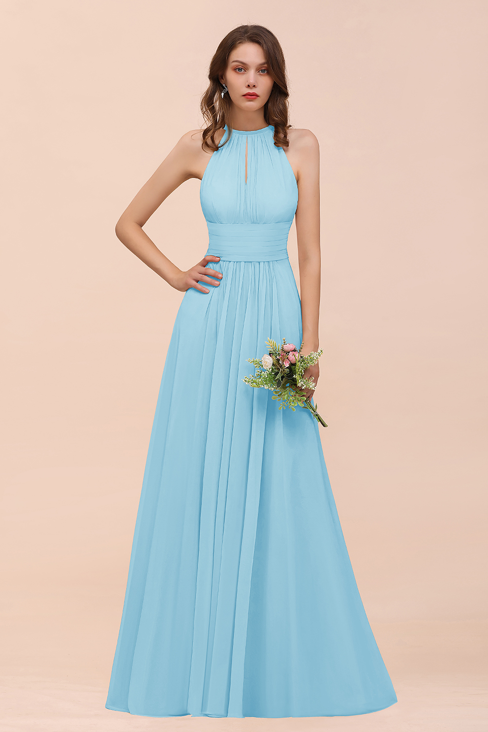 Elegant Long A-Line Jewel Ruffle Chiffon Champagne Bridesmaid Dress