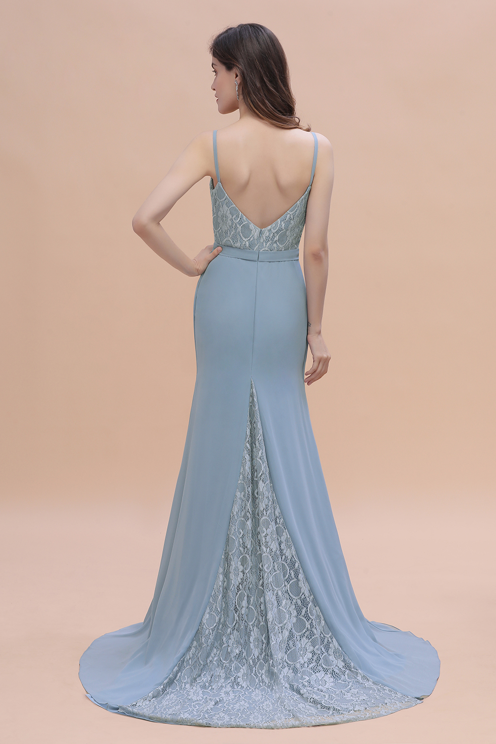 Simple V-neck Lace Chiffon Open Back Floor-length Mermaid Bridesmaid Dress