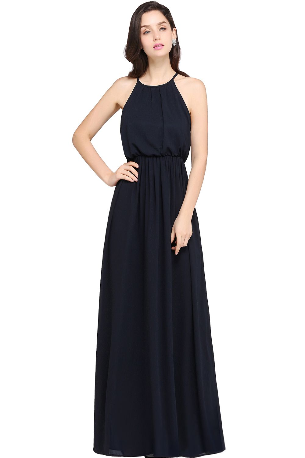 Elegant A-line Halter Chiffon Floor Length Bridesmaid Dress