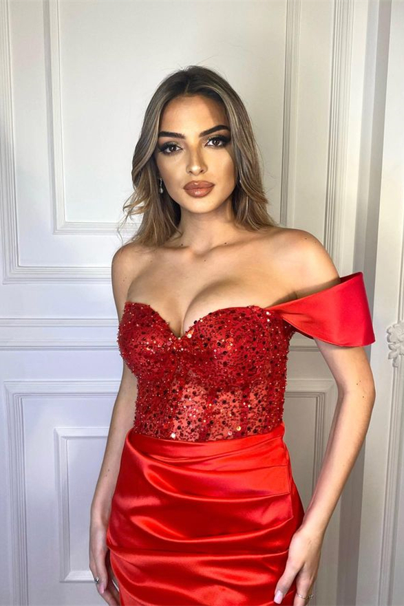 Red Long Mermaid One Shoulder Satin Beads Formal Prom Dresses