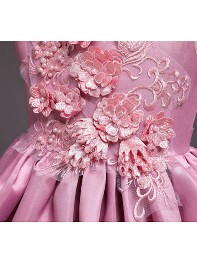 Princess Asymmetrical Wedding / Party / Pageant Flower Girl Dresses - Satin / Tulle Sleeveless Jewel Neck With Lace / Belt / Appliques