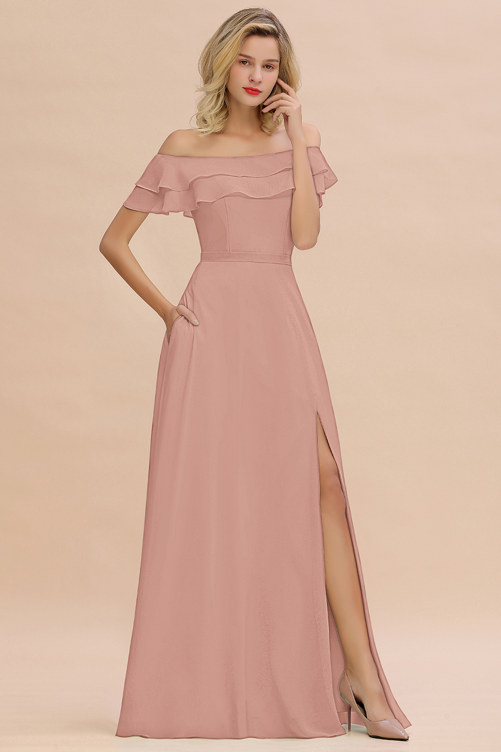 Off-the-Shoulder Front Slit Mint Green Long Bridesmaid Dress
