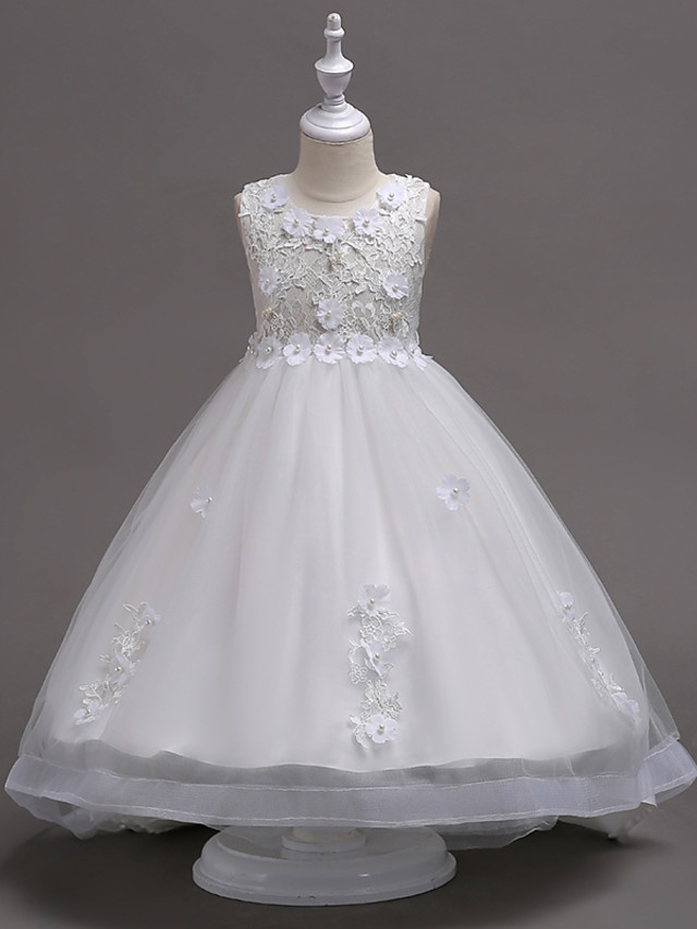 White Ball Gown Knee Length Tulle Appliques Lace Flower Girl Dress