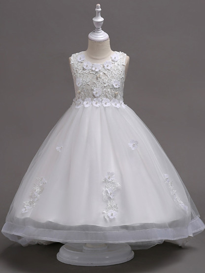 White Ball Gown Knee Length Tulle Appliques Lace Flower Girl Dress