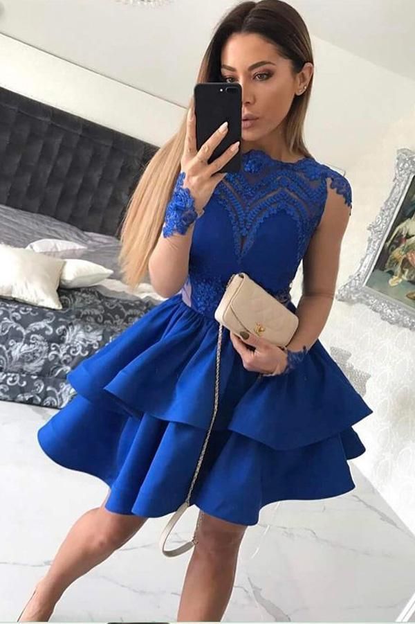 Elegant Short A-line Lace Long Sleeve Prom Dress
