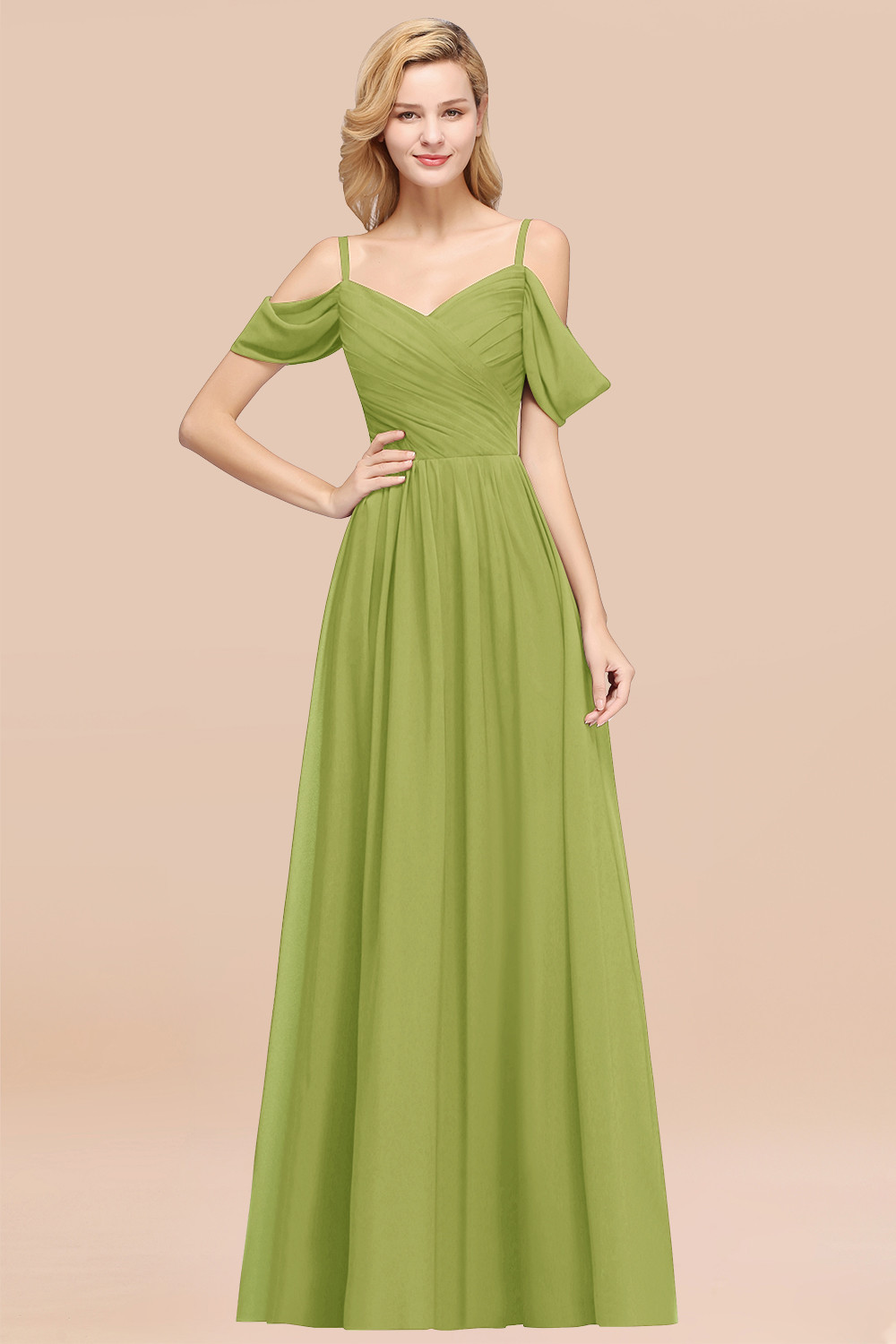 A-Line Chiffon V-Neck Spaghetti Straps Short-Sleeves Floor-Length Bridesmaid Dresses with Ruffles